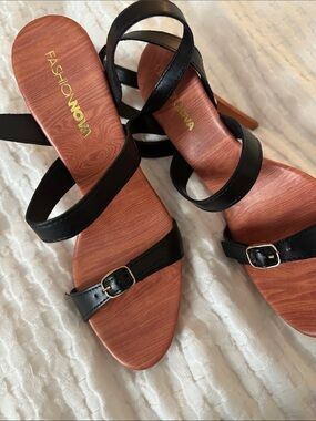 Fashion Nova Black Strappy Wood-Look Stiletto Sandals